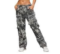 KGYA Unisex Camo Cargo Pants, Multi Pockets Raw Edge Oversized Straight Zipper Wide Legs Streetwear for Hip Hop Men Women, Camo, S-M