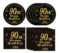 KHAIVI 40PCS 90th Birthday Decorations - Black & Gold Plates & Napkins - Vintage 1934 Theme - Party Supplies for Men & Women