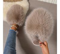 (Khaki 1, 6.5-7) Cozy Fairy Style Slippers - Elegant Fluffy All-Season Solid Color - Non-Slip Rubber Sole, Comfortable Fabric Lining