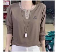 (khaki, 4XL) "Women's Long-Sleeve Thin Rhinestone Swan Top - Elegant Summer Style"