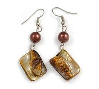Khaki Brown Shell Bead Drop Earrings In Silver Tone - 60mm Long