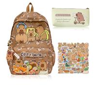 Khaki Capybara Backpack Set for Kids with Skateboarding Capybara Pencil Case & Keyring,Waterproof Stickers | Large 30L School Rucksack for Boys & Girls | Unisex Nursery & Primary Bookbag (C)