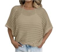 Khaki Crochet Tops for Women UK Beach Coverups Short Sleeve Batwing Tops Oversized T Shirts Round Neck Tshirts Swimsuit Bikini Cover Ups Hollow Out Crochet Top for Summer Holiday Beachwear