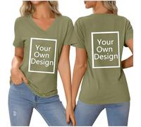 Khaki Custom Shirt V-Neck Women Personalized Gifts Add Your Image Text T-Shirt Design Photo Front/Back Print Customized Tee Short Sleeve Tunic Loose Fit Tshirts