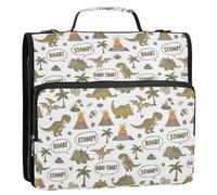 Khaki Dino Time 1.5 Inch 3 Rings Zipper Binder Organizer with Strap Multiple Pockets Documents Files Storage Bag for School