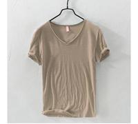 (khaki, EU XXL 80-95kg) New Slim Fit Slub Cotton Pure Color V Collar Short Sleeved Tops Tees Men T-Shirt Multi-color Man T-Shirts Fitness