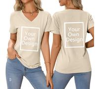 Khaki Find A Gift Personalised T-Shirts for Women Summer Tops with Custom Front & Back Print Create Your Own Text & Image T-Shirt V Neck Blouse Customised Pullover Jumper