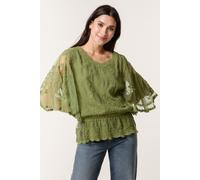 Khaki Floral Lace Butterfly Sleeve Blouse Blue Vanilla Khaki M/L