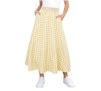 Khaki Girls Gingham Maxi Skirt with Pockets Plaid A Line High Waist Summer Skirts Boho Casual Long Skirt Elegant Flowy Swing Midi Skirts Daily Holiday Vacation School Sundress 5-6 Years