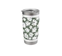 Khaki Green and White Floral Daisy Pattern Stainless Steel Insulated Tumbler