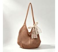 Khaki Hollow Crochet Bag With Floral Lace Bow Boho Large Crochet Tote Bag | Handmade Breathable Crocheted Bag Decorated With Lace Floral Bow Spacious Boho Woven Lightweight Tote Bag For Summer Vacation