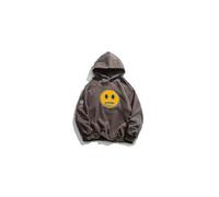 (Khaki, L) Otwoo Smiley Patch Hoodie Men"s Hip Hop Athleisure Pullover Jacket Men"s Top With Side Zipper Pockets