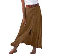 Khaki Ladies Summer Solid Cotton and Linen Button Down Front Slit Hip Mid Waist Skirt Maxi Skirt S