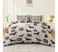 Khaki Lightweight Soft Microfiber Duvet Cover, Speech Bubbles Cute Animals Dachshund Prints Duvet Sets, Minimalist Cartoon style, Easy Care, 230 x 220 cm with Zipper and 2 Pillowcases