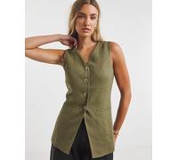 Khaki Linen Blend Longline Waistcoat Khaki 30