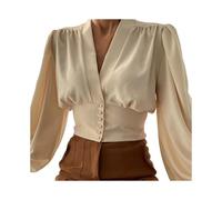 (Khaki, M) French Style Vintage Cropped Shirt Lantern Long Sleeve Irregular Geometry Print Office Women Shirt V-neck Waist Tight Shirt