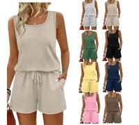 Khaki Maternity Co Ord Sets for Women Plus Size Square Neck Sleeveless Vest Top and Shorts 2 Piece Casual Set Lightweight Breathable Loungewear with Pockets for Summer Beach Holidays