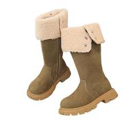 Khaki Mid-calf Girls Boots Fold-Over Shearling Cuff Punk-Inspired Side Zipper Retro School Shoes Faux Suede Warm Fleece Lined Kids Riding Boots Casual Outing Anti-Slip Thick Sole Footwear UK Size 11