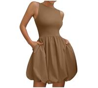 Khaki Mini Dress Ladies Sleeveless Skater Dresses with Pockets Pleated Loose Swing Casual Flared Bubble Hemline Puffball Dress Beach Sundress for Women UK Trendy Clothing 202025 L