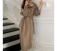 (khaki, one size) Autumn and winter pullover new style French temperament paired sweater inside long over the knee bottom knit dress women