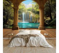 Khaki Panoramic Custom Wallpaper Mural, Non-Woven Premium 3D Forest Waterfall Print Wallpaper Mural Poster Decoration 79 x 55 inch (W x H) for Bedroom Living Room Corridor