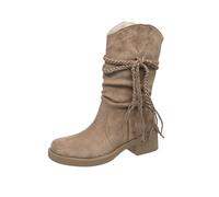 Khaki Short Knee High Boots for Women Suede Fashion Comfort Chunky Heeled Tall Boots Braided Belted Round Toe Low Mid Heel Long Mid Calf Boot Footwear UK 3.5