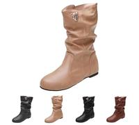 Khaki Slouchy Mid Calf Boots for Women No Heels PU Leather Pull-On Flat Low Heel Comfy Casual Pixie Soft Slouch Calf Length Boots Round Toe Under Knee High Shoes for Fall/Winter Footwear UK 3.5
