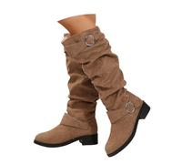 Khaki Slouchy Pull on Knee High Boots for Women Low Heel,Faux Suede Knee Length Slouch Boots with 2 Buckle Footwear Gift UK 7