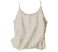Khaki Summer Gingham Tank Top Spaghetti Strap Vest Top Sleeveless Plaid Shirt Cotton Linen Blouse Round Neck Tshirts Casual Blouses for Beach Yoga Sleepwear