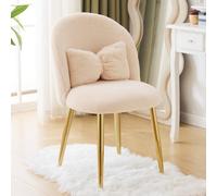 Khaki Vanity Chair With Back & Pillow, Cute Small Cozy Desk Ch No Wheel