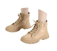 Khaki Women's Canvas High-Top Combat Boots Lace-Up Tactical Work Motorcycle Boots Breathable Lightweight Ankle Bootis Footwear Gift UK 4.5