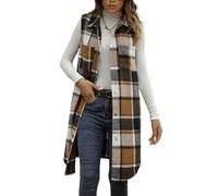 Khaki Women's Checked Gilets Longline Vest Jackets, Sleeveless Lapel Button Down Tweed Waistcoat with Pockets, Plain Collar Casual Gilet, Trendy Plaid Print Casual Elegant Long Jacket XL