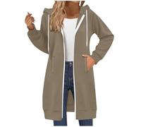 Khaki Women's Hoodie Jackets - Lightweight Fleece Lined, Longline, with Pockets, Two Zips Up, Drawstring Hood, Plain Color, Ladies Casual Hooded Sweatshirt Shackets M