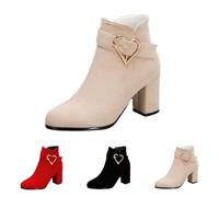 Khaki Women's Side Zip Chunky Heels Ankle Boots,Faux Suede Round Toe Block High Heel Ankle Boots Vintage Elegant Short Boots Fall Winter Shoes with Heart-Shaped Buckle Decor Footwear Gift UK 4.5
