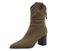 Khaki Women's Suede Chunky High Heel Mid Calf Boots Fashion Pointed Toe Back Zipper Western Cowboy Boots Ankle Boot Comfort Elegant Casual Dress Booties Footwear UK 3