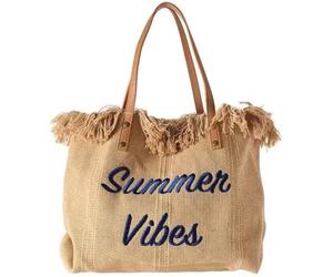 Khaki XL Summer Vibes Beach Tote Bag, Canvas Shoulder Shopper with Fringe, Large Top Handle Bag for Women, 40x12x32cm-Ling