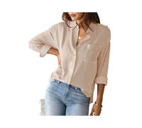 (Khaki, XXL) Women's Blouse Stripe Shirt Patch Pocket Top Autumn Loose Relaxed Office Lady Long Sleeve Shirt Shirts & Blouses Camisas