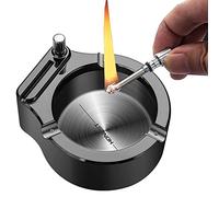 KHAMEO 2 in 1 Metal Matches Lighter and Ashtrays Table Top Lighters Refillable Lighter Soft Flames Leather Butane Lighter for Kitchen Camping Grill Barbecue Fireplace Birthday Gift/Black