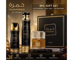 Khamrah Gift Set Eau de Parfum by Lattafa - 100ml + 200ml Deo + 300ml Air Freshe