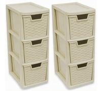 KHANARY - 2 Pack 3 Tier Medium Cream Rattan Storge Drawer Unit - Plastic Modular Easy-Glide Drawers - Space-Saving Compact Storage Cabinet for Bedroom, Living Room, Office, Household Essentials