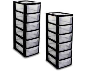 Khanary 2 Pack Plastic Storage Drawers Unit 6 Tier Small mini Tower Homes, Kitchen, Schools, Offices Plastic Drawer Organizer Desktop Table Top Drawers Stationary 26Dx19Wx60H Black Clear