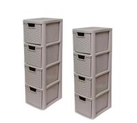 Khanary 2x A5 Plastic Storage Drawer 4 Tier Rattan Effect Tower Storage Unit Medium Organizer Home Kitchen School Offices Desktop Stationary Art Clothes Toys Bath- 62(H) x 25(D) x 19(W)-Mushroom