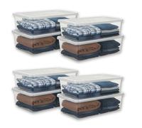 Khanary 43L Underbed Storage Box with Clip-on-Lid- Slim Clear Plastic Nestable Container L80 x W40 x H18.5 cm, Stackable Space Saving Storage for Clothes, Shoes, Bedding & Toys (Pack of 8)