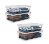 Khanary 43L Underbed Storage Box with Clip-on-Lid- Slim Clear Plastic Nestable Container L80 x W40 x H18.5 cm, Stackable Space Saving Storage for Clothes, Shoes, Bedding & Toys (Pack of 4)