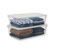 Khanary 43L Underbed Storage Box with Clip-on-Lid- Slim Clear Plastic Nestable Container L80 x W40 x H18.5 cm, Stackable Space Saving Storage for Clothes, Shoes, Bedding & Toys (Pack of 2)