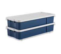Khanary 47L Underbed Plastic Storage Boxes with Lid Rolling Wheels Container| Nestable Stacking container |Garage Organizer Flat Organizer Box (47 L Underbed Box- Blue, Pack Of 2)