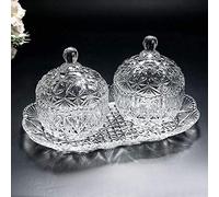 Khanary Glass Candy jar Three-Piece Set Sugar Bowl Set & Tray/Decorative Candy Dish |Serving Sugar Sweet |Fruit Dry Fruits, | Chocolates, | Snacks, | Sugar, | Dessert Sugar Bowl Set