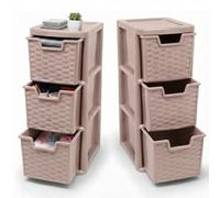 KHANARY - Medium Storge Drawer Unit - Plastic Modular Easy-Glide Drawers - Space-Saving Compact Storage Cabinet for Bedroom, Living Room, Office, Household Essentials, Pink Rattan, 2 Pack 3 Tier