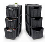 KHANARY - Medium Storge Drawer Unit - Plastic Modular Easy-Glide Drawers - Space-Saving Compact Storage Cabinet for Bedroom, Living Room, Office, Household Essentials, Grey Rattan, 2 Pack 3 Tier