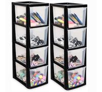 KHANARY - Medium Storge Drawer Unit - Plastic Modular Easy-Glide Drawers - Space-Saving Compact Storage Cabinet for Bedroom, Living Room, Office, Household Essentials, Black/Clear, 2 Pack 4 Tier